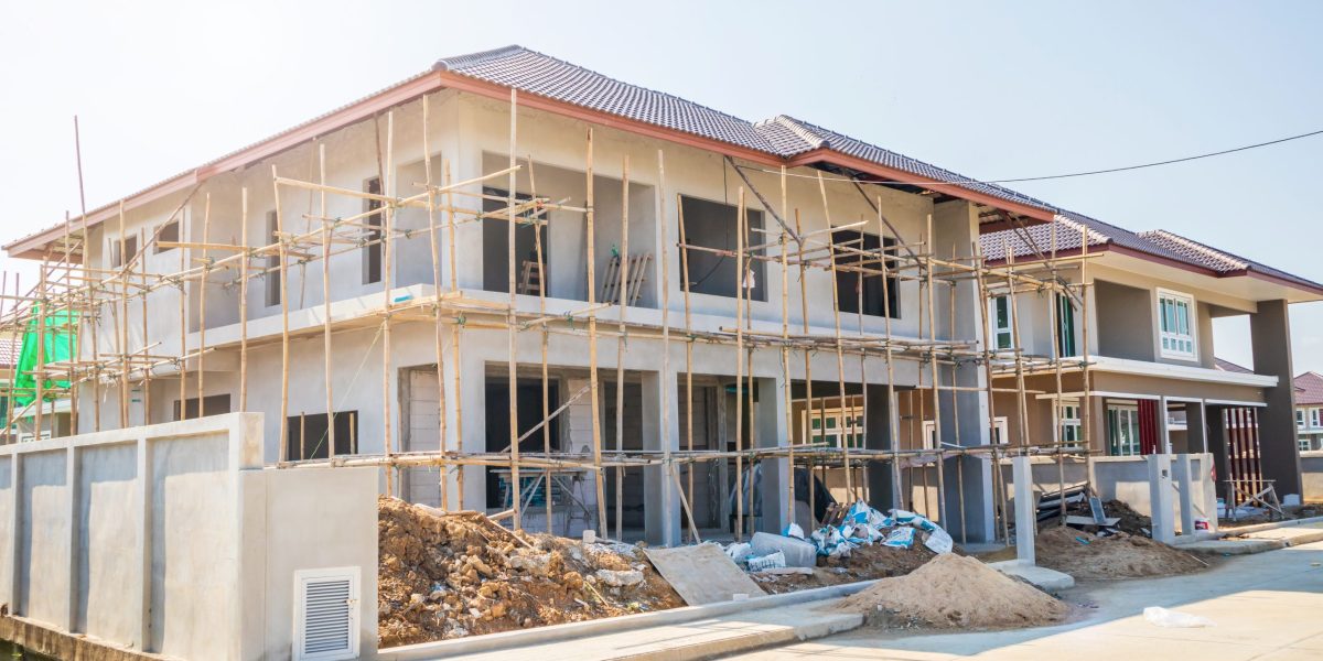 new residential house contemporary style building in progress at construction site